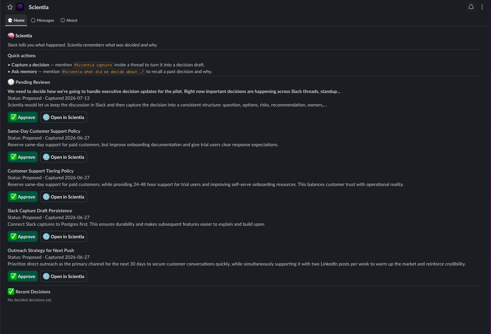 Scientia App Home in Slack showing Pending Reviews and Recent Decisions.